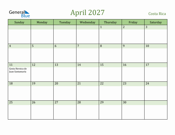 April 2027 Calendar with Costa Rica Holidays