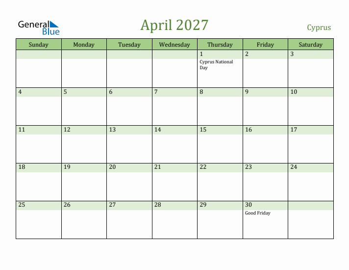 April 2027 Calendar with Cyprus Holidays