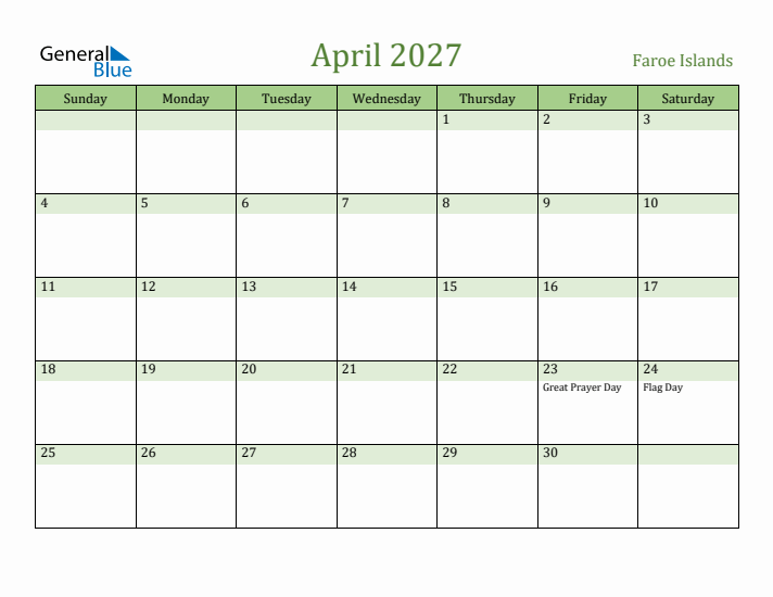 April 2027 Calendar with Faroe Islands Holidays