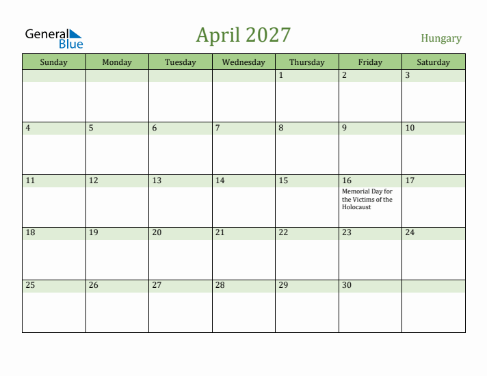 April 2027 Calendar with Hungary Holidays