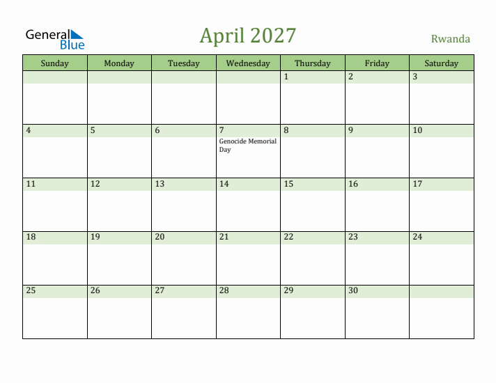 April 2027 Calendar with Rwanda Holidays