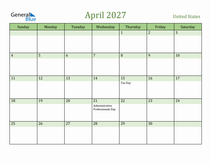 April 2027 Calendar with United States Holidays