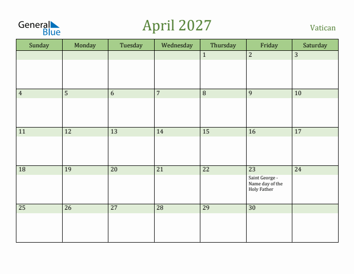 April 2027 Calendar with Vatican Holidays