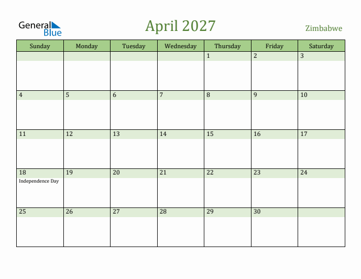 April 2027 Calendar with Zimbabwe Holidays