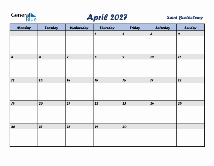 April 2027 Calendar with Holidays in Saint Barthelemy