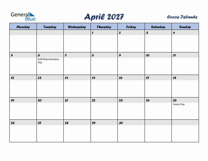 April 2027 Calendar with Holidays in Cocos Islands