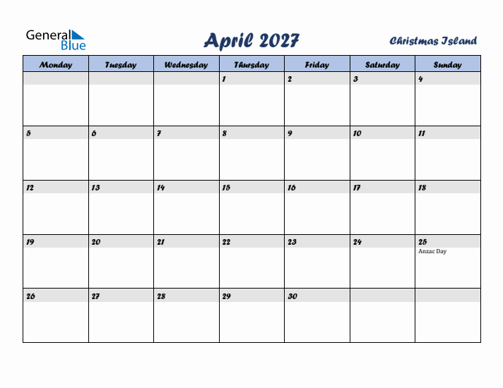 April 2027 Calendar with Holidays in Christmas Island