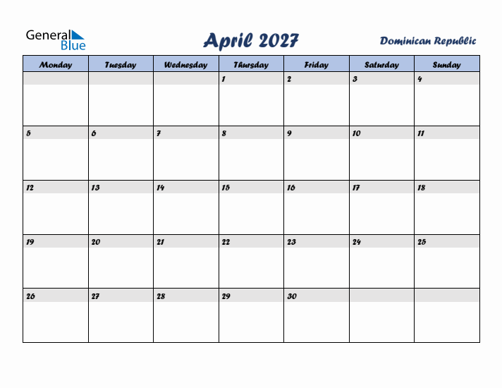 April 2027 Calendar with Holidays in Dominican Republic