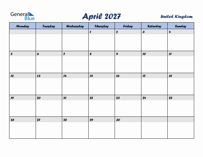 April 2027 Calendar with Holidays in United Kingdom