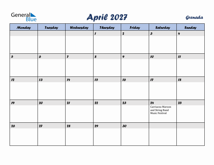 April 2027 Calendar with Holidays in Grenada