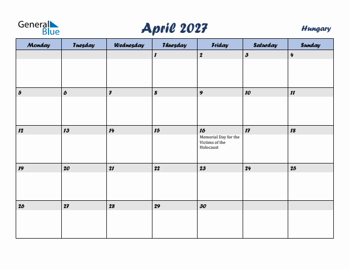 April 2027 Calendar with Holidays in Hungary