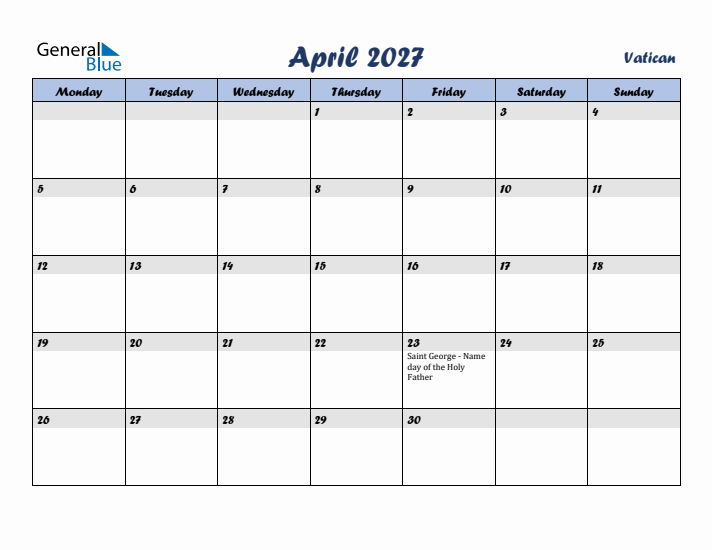 April 2027 Calendar with Holidays in Vatican