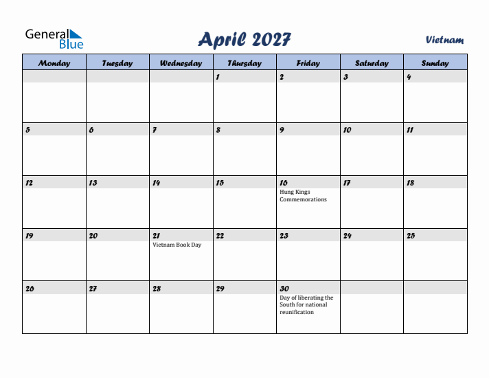 April 2027 Calendar with Holidays in Vietnam