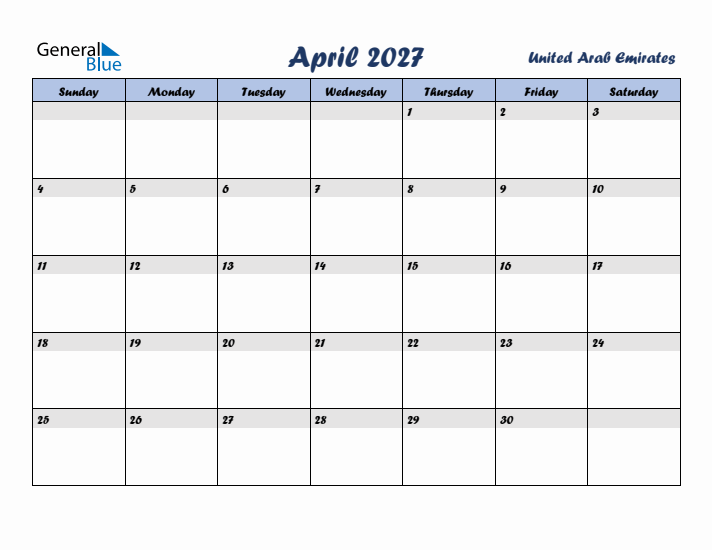 April 2027 Calendar with Holidays in United Arab Emirates