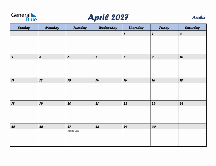 April 2027 Calendar with Holidays in Aruba