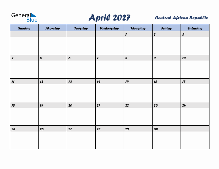 April 2027 Calendar with Holidays in Central African Republic