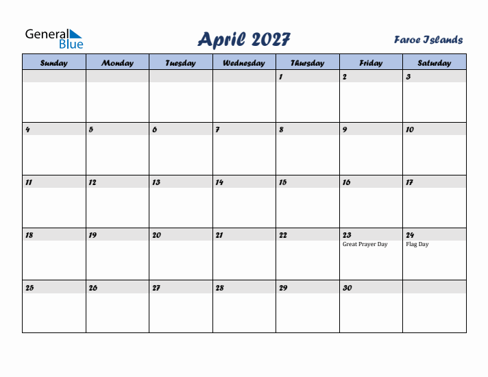 April 2027 Calendar with Holidays in Faroe Islands