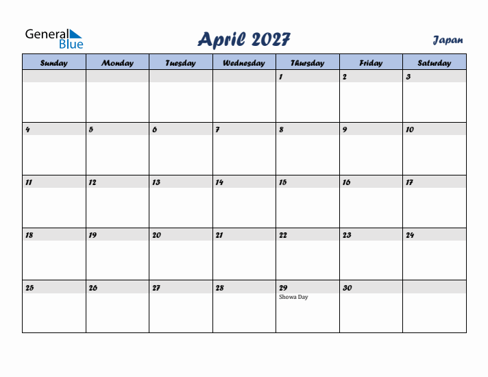 April 2027 Calendar with Holidays in Japan