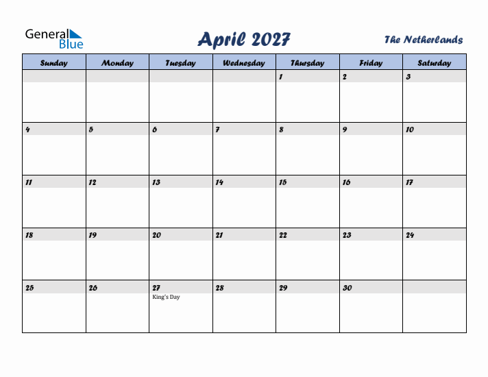 April 2027 Calendar with Holidays in The Netherlands