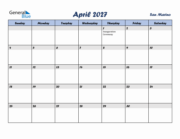 April 2027 Calendar with Holidays in San Marino