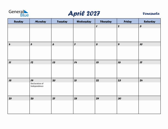 April 2027 Calendar with Holidays in Venezuela