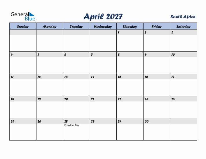 April 2027 Calendar with Holidays in South Africa