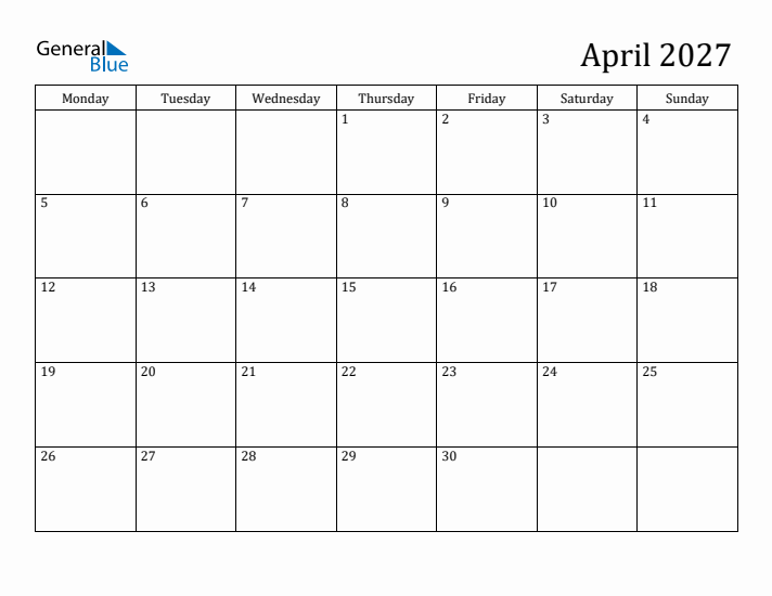 April 2027 Calendar