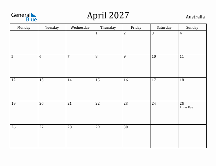 April 2027 Calendar Australia