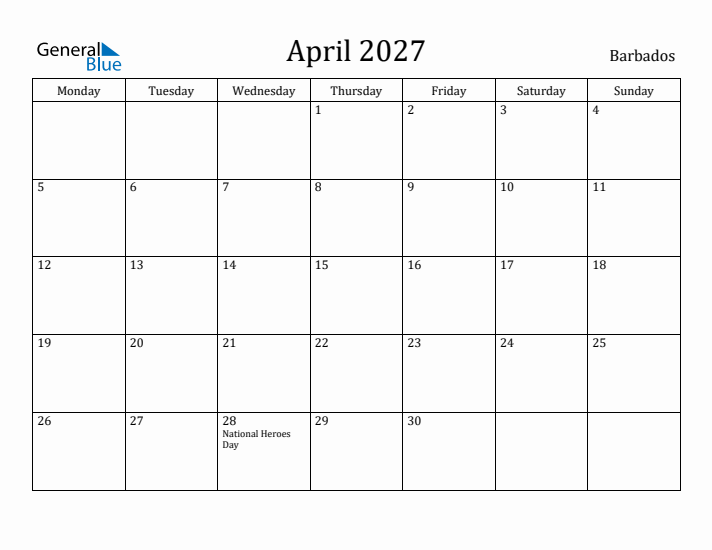 April 2027 Calendar Barbados