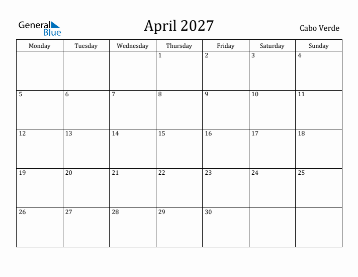 April 2027 Calendar Cabo Verde