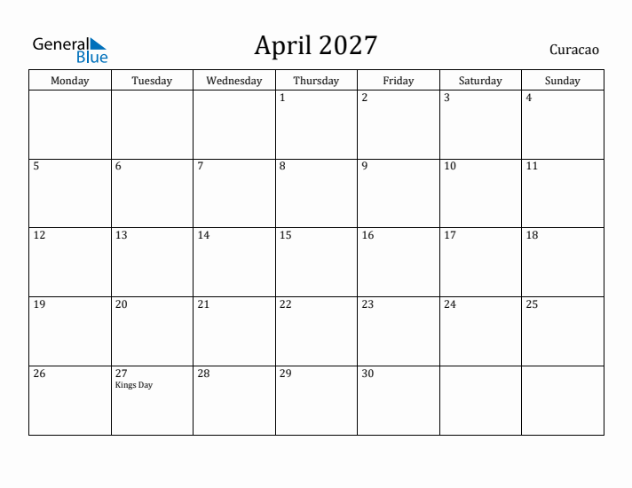 April 2027 Calendar Curacao