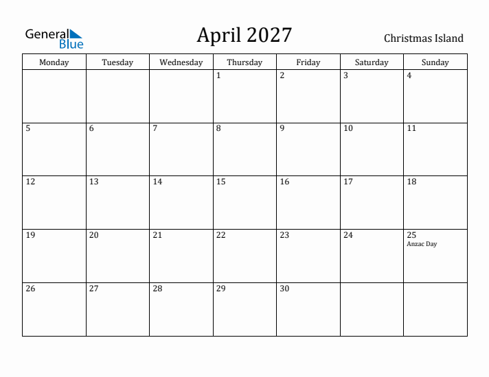 April 2027 Calendar Christmas Island