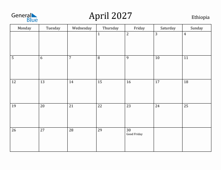 April 2027 Calendar Ethiopia