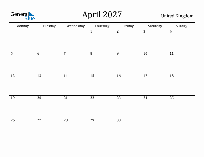 April 2027 Calendar United Kingdom