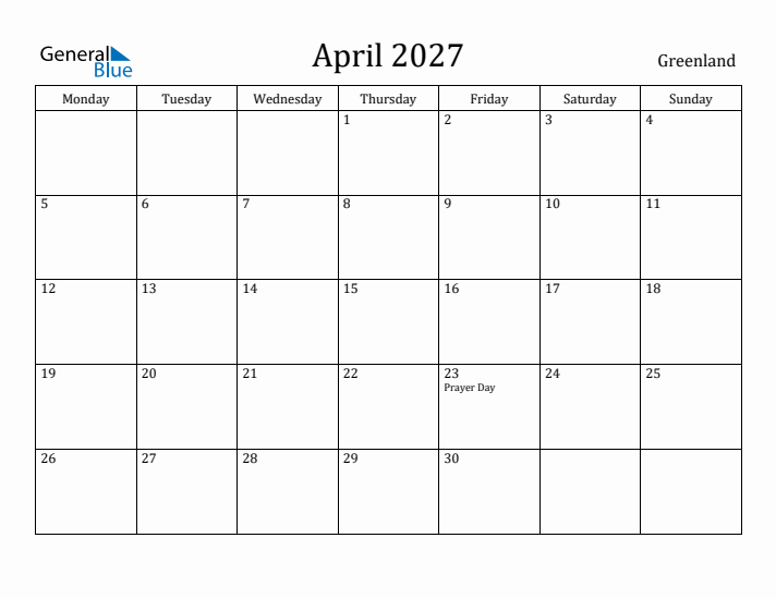 April 2027 Calendar Greenland