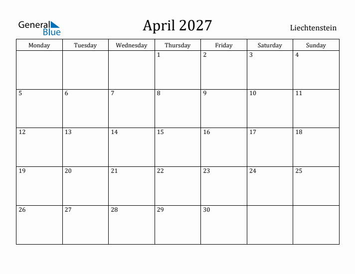 April 2027 Calendar Liechtenstein