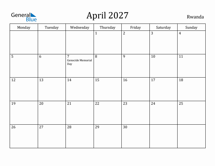 April 2027 Calendar Rwanda