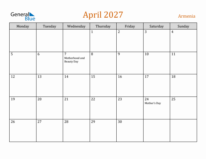 April 2027 Holiday Calendar with Monday Start