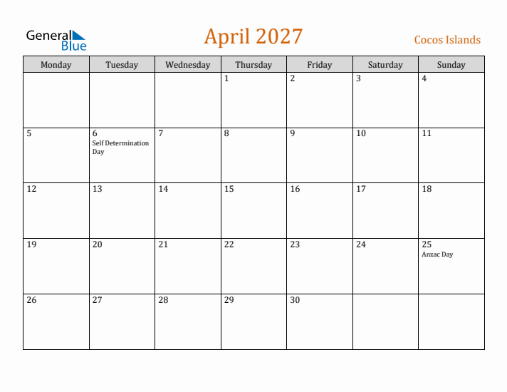 April 2027 Holiday Calendar with Monday Start