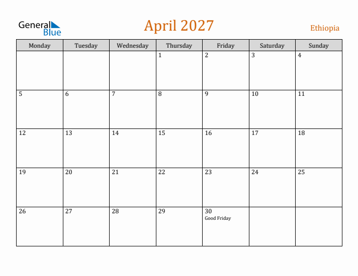 April 2027 Holiday Calendar with Monday Start