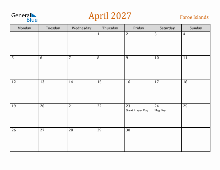 April 2027 Holiday Calendar with Monday Start