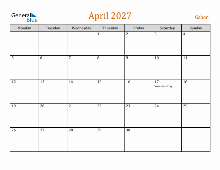 April 2027 Holiday Calendar with Monday Start