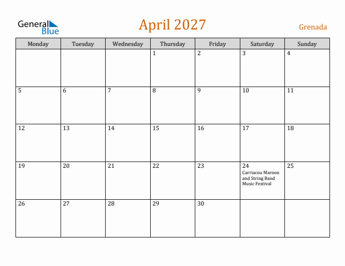 April 2027 Holiday Calendar with Monday Start