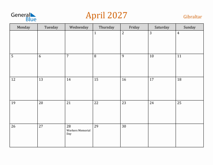 April 2027 Holiday Calendar with Monday Start