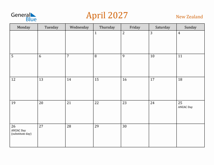 April 2027 Holiday Calendar with Monday Start