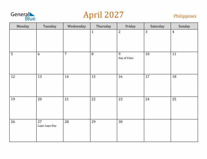 April 2027 Holiday Calendar with Monday Start