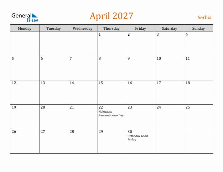 April 2027 Holiday Calendar with Monday Start