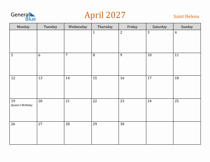 April 2027 Holiday Calendar with Monday Start