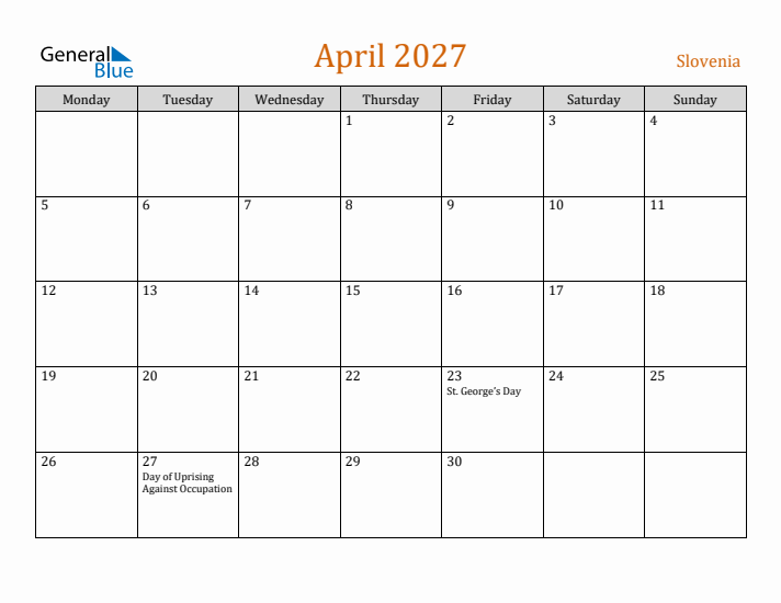 April 2027 Holiday Calendar with Monday Start