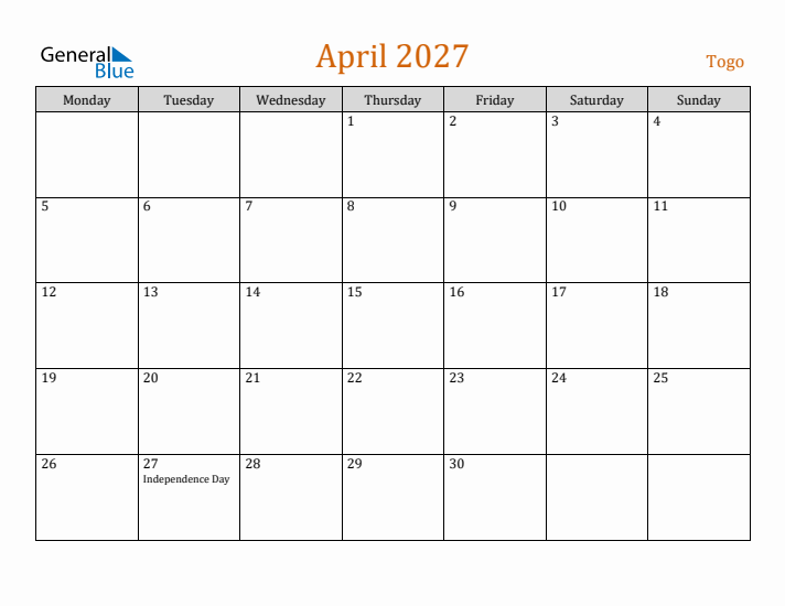 April 2027 Holiday Calendar with Monday Start